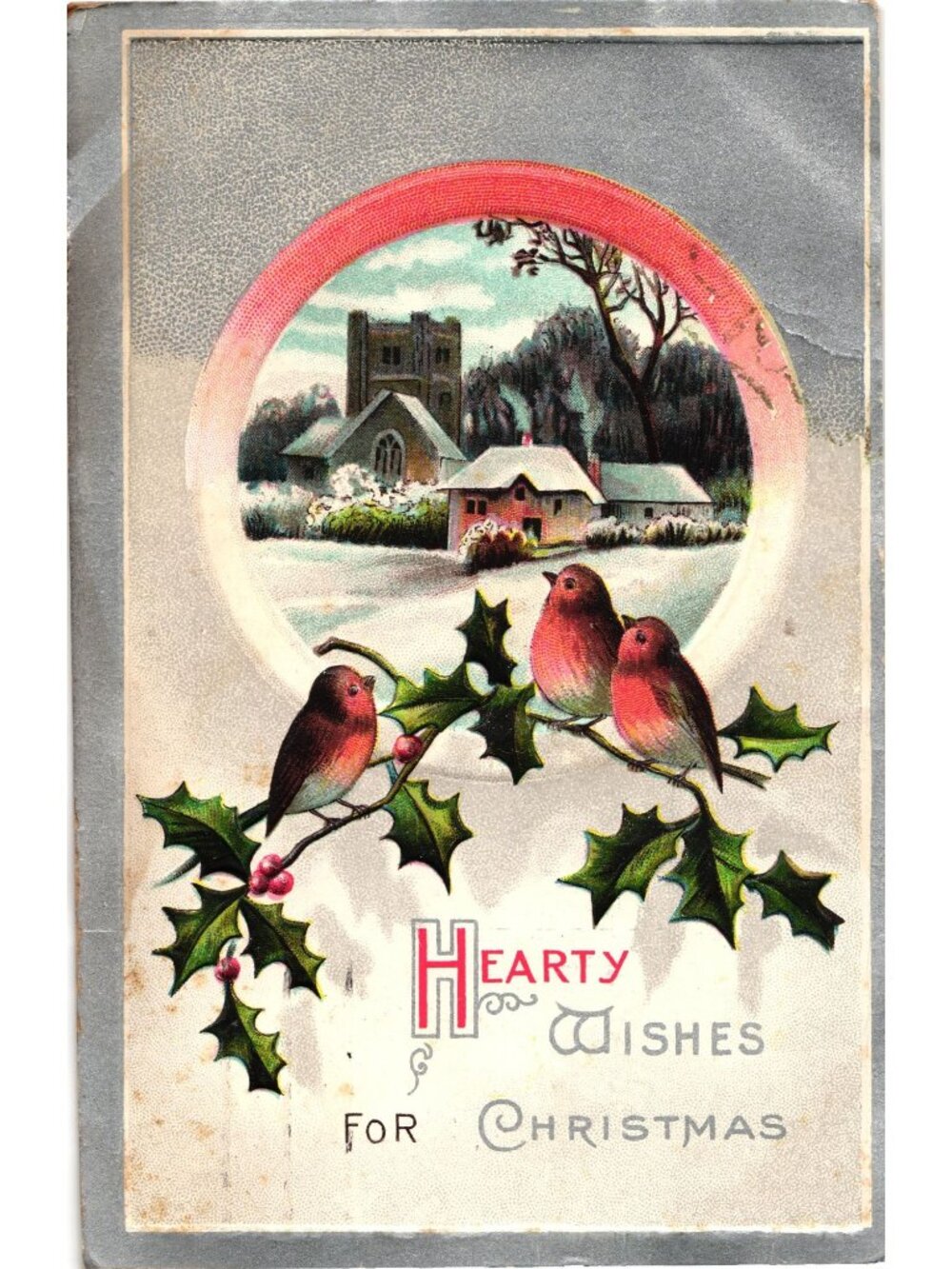 Hearty Wishes For Christmas Embossed Postcard 1911 Winter Scene Posted Pre-Owned